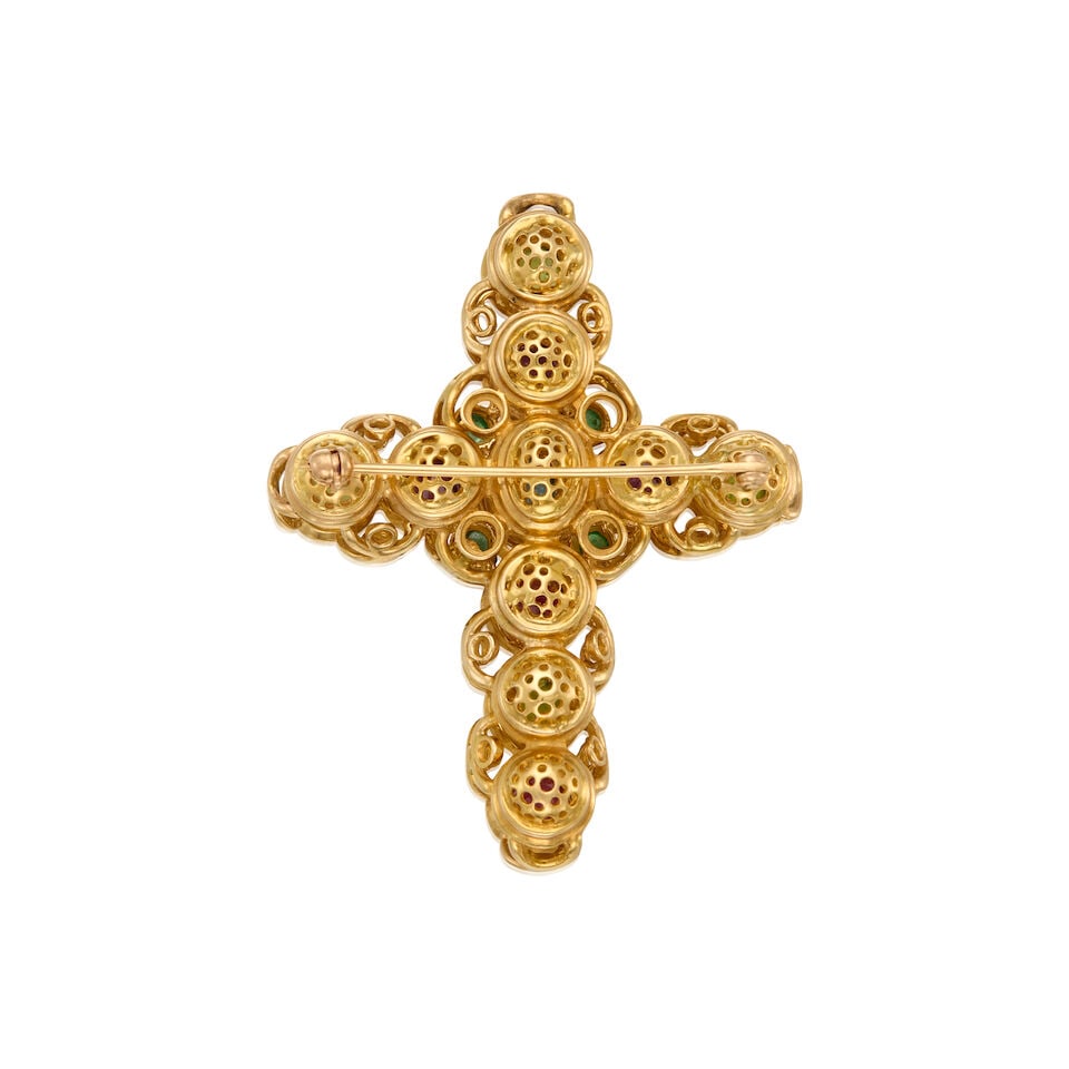 15K GOLD, TOURMALINE, TOPAZ AND GREEN GEMSTONE CROSS PENDANT - 2
