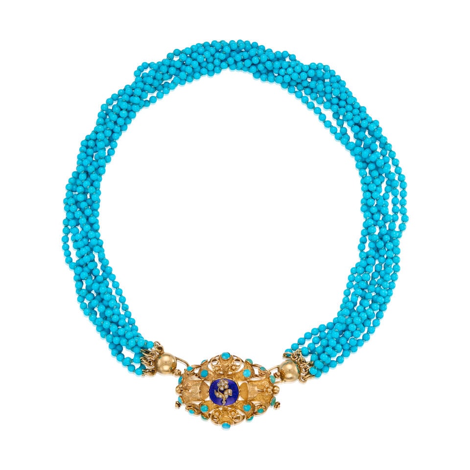 A GOLD, TURQUOISE, DIAMOND AND ENAMEL NECKLACE/BROOCH: A GOLD, TURQUOISE, DIAMOND AND ENAMEL NECKLACE/BROOCH • An 8K and 18K yellow gold Victorian attachment pendant brooch with eleven round cabochon-shaped turquoise measuring approximately 2.40mm