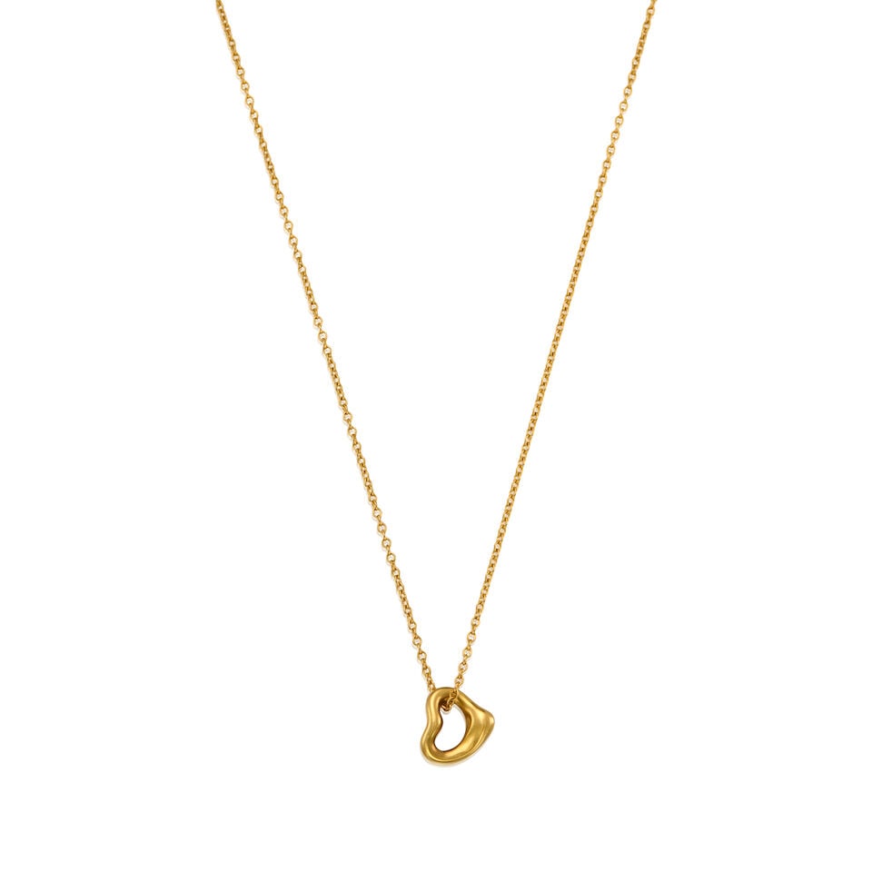 ELSA PERETTI FOR TIFFANY & CO.: 18K GOLD OPEN HEART PENDANT WITH CHAIN: ELSA PERETTI FOR TIFFANY & CO.: 18K GOLD OPEN HEART PENDANT WITH CHAIN • Stamped TIFFANY & CO., PERETTI, SPAIN • Pendant measures 1/4 in. x 1/4 in. and chain length 15 1/4 in. •