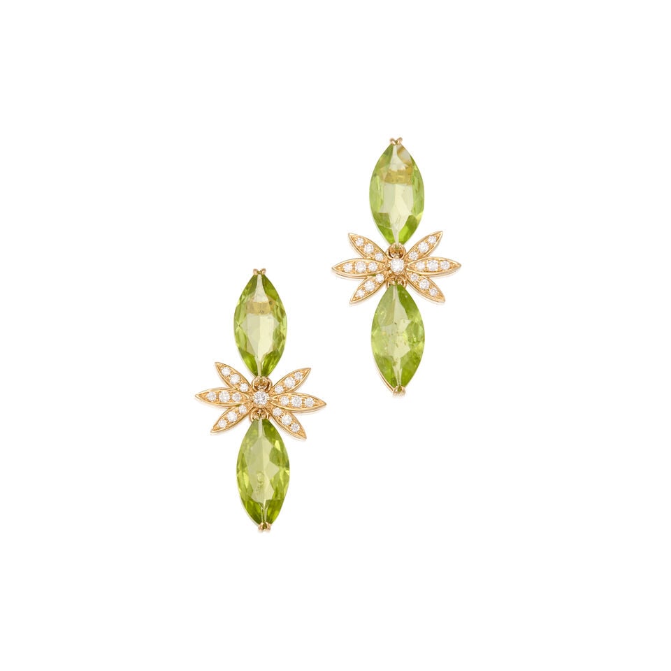 14K GOLD, PERIDOT AND DIAMOND EARRINGS: 14K GOLD, PERIDOT AND DIAMOND EARRINGS • Four marquise-shaped peridots weighing approximately 4.12 carats total • Thirty round brilliant-cut diamonds weighing approximately 0.28 carat tota