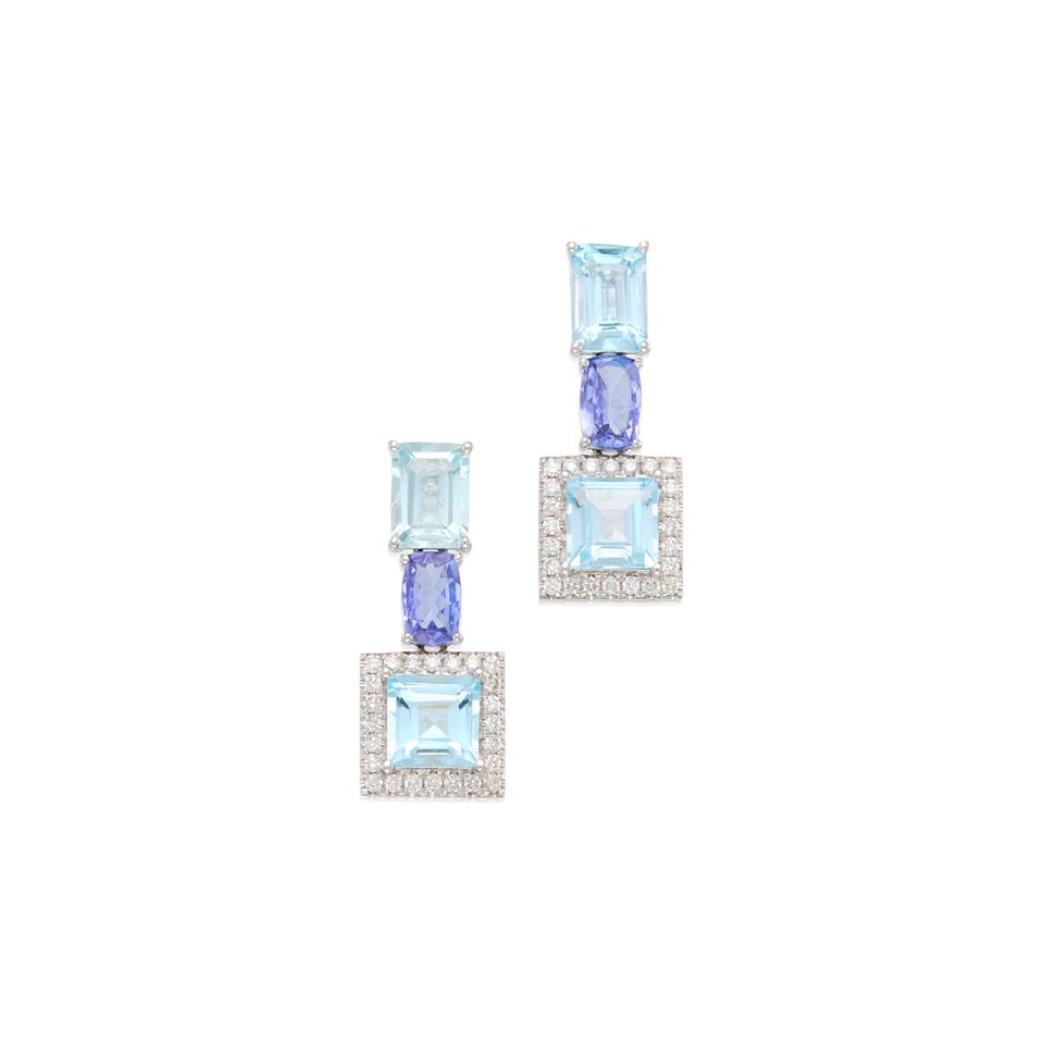 PLATINUM, TANZANITE, AQUAMARINE AND DIAMOND EARRINGS (1 of 2)