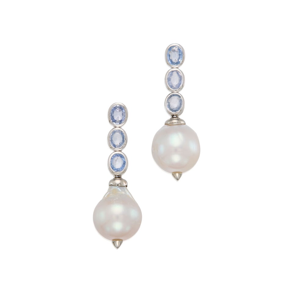 PLATINUM, CULTURED PEARL AND SAPPHIRE EARRINGS: PLATINUM, CULTURED PEARL AND SAPPHIRE EARRINGS • Two baroque-shaped cultured pearls measuring approximately 12.01mm to 12.09mm in diameter • Six oval-shaped sapphires weighing