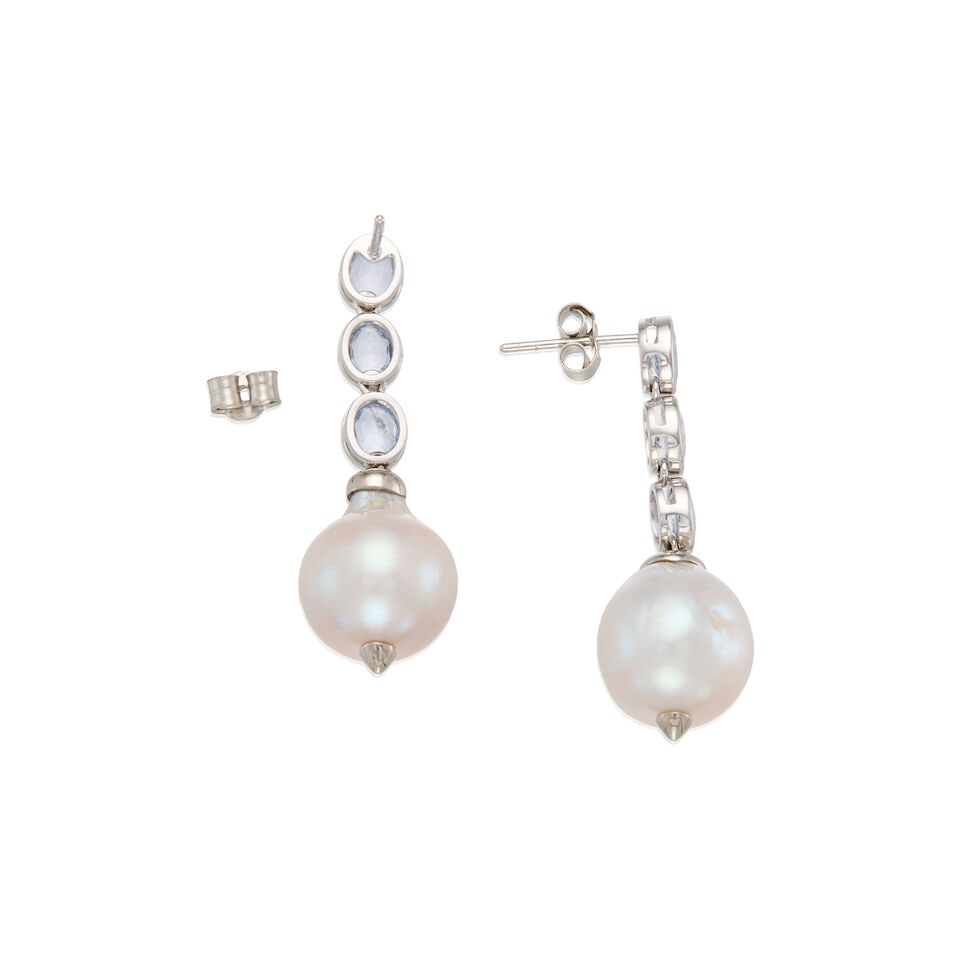 PLATINUM, CULTURED PEARL AND SAPPHIRE EARRINGS - 2