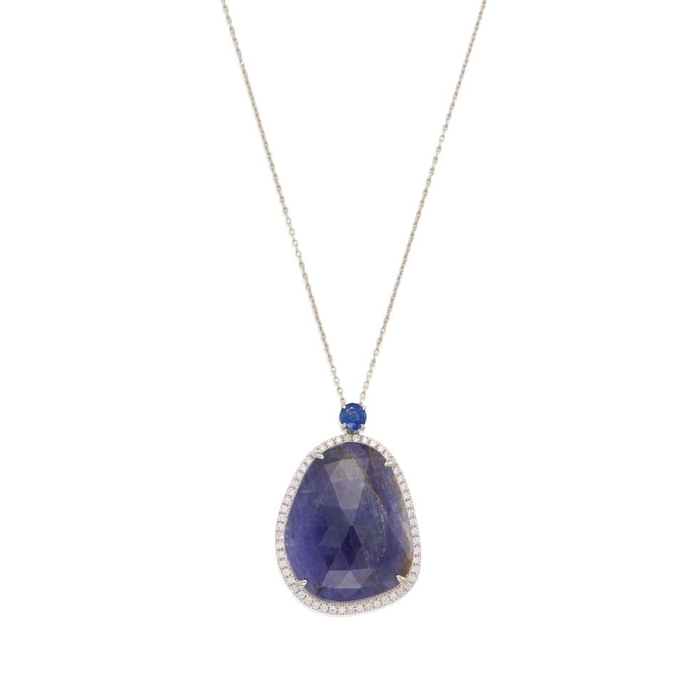 A PLATINUM, TANZANITE, SAPPHIRE AND DIAMOND PENDANT WITH CHAIN: A PLATINUM, TANZANITE, SAPPHIRE AND DIAMOND PENDANT WITH CHAIN • One irregular-shaped tanzanite measuring approximately 21.20mm x 16.83mm x 4.43mm • One round-shaped sapphire weighing