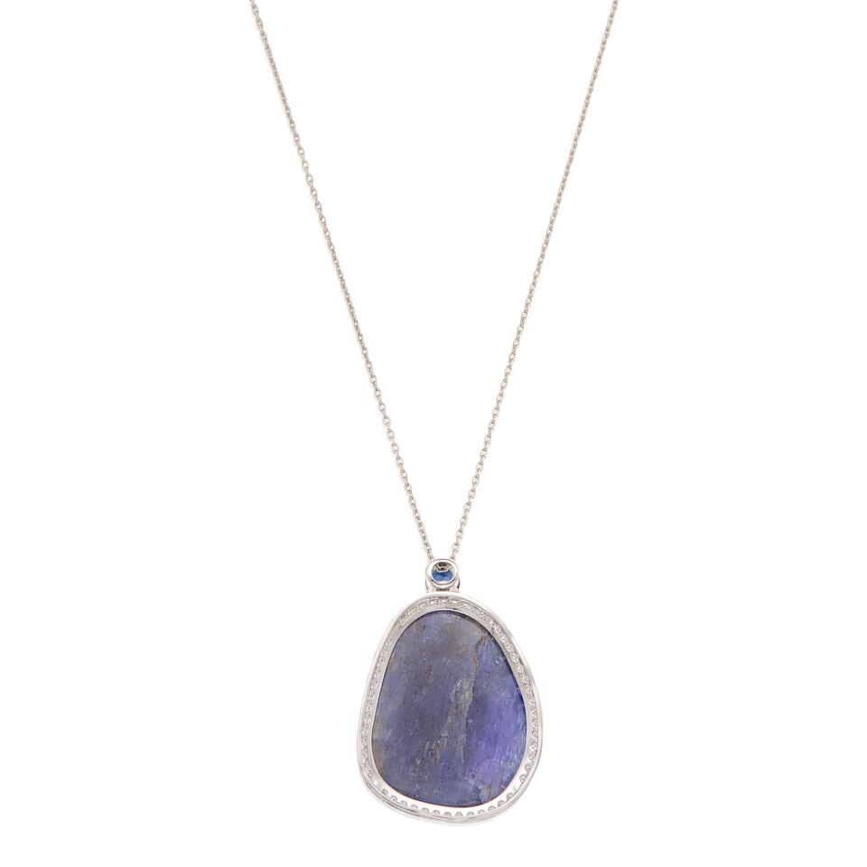 A PLATINUM, TANZANITE, SAPPHIRE AND DIAMOND PENDANT WITH CHAIN - 2