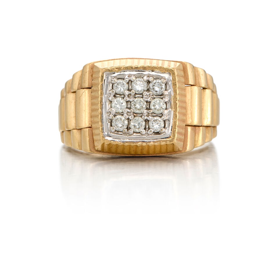 14K GOLD AND DIAMOND BAND: 14K GOLD AND DIAMOND BAND • Nine round brilliant-cut diamonds weighing approximately 0.45 carat total • Size 10 3/4 • Estimated gross weight: 10.20 grams Footnotes: OVERALL