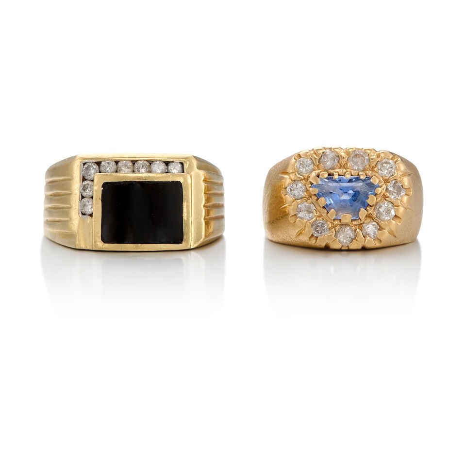 TWO GOLD, SAPPHIRE, ONYX AND DIAMOND RINGS: TWO GOLD, SAPPHIRE, ONYX AND DIAMOND RINGS • A 14K gold ring with one hexagonal-shaped sapphire weighing approximately 1.47 carats and eleven mixed shaped of old mine-cut, round brilliant and
