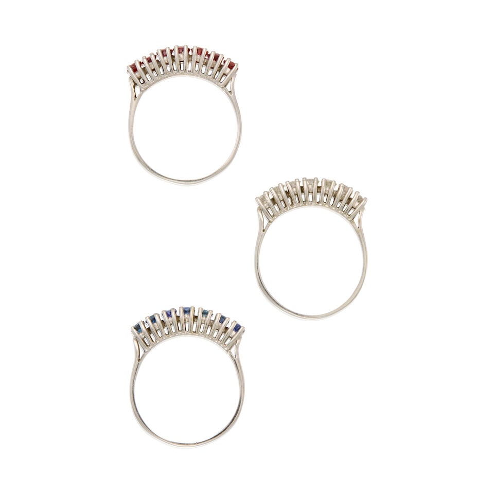 A GROUP OF THREE WHITE GOLD, RUBY, SAPPHIRE AND DIAMOND RINGS - 2