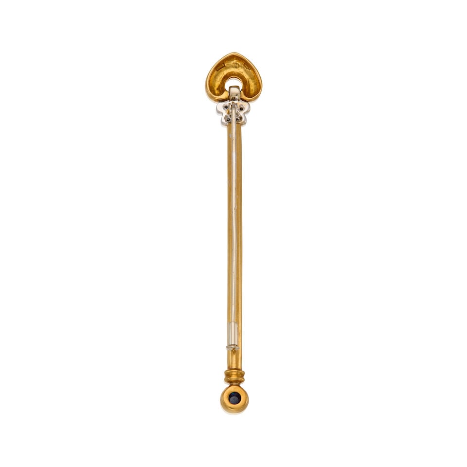 18K BICOLORED GOLD, SAPPHIRE AND DIAMOND STICK BROOCH - 2