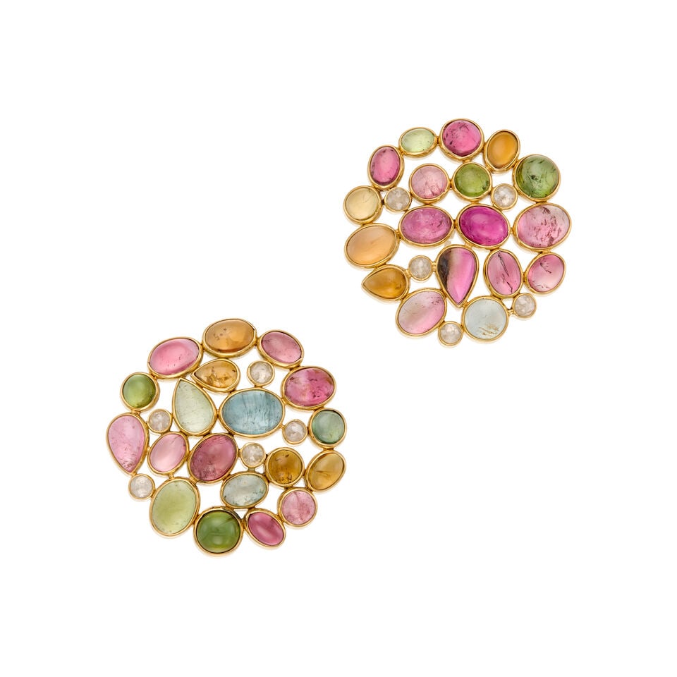 18K GOLD, TOURMALINE AND DIAMOND EARRINGS: 18K GOLD, TOURMALINE AND DIAMOND EARRINGS • Thirty-seven tourmalines consisting of round, oval and pear cabochon-shaped in varies shapes and sizes measuring approximately 5.79mm x 4.28mm to