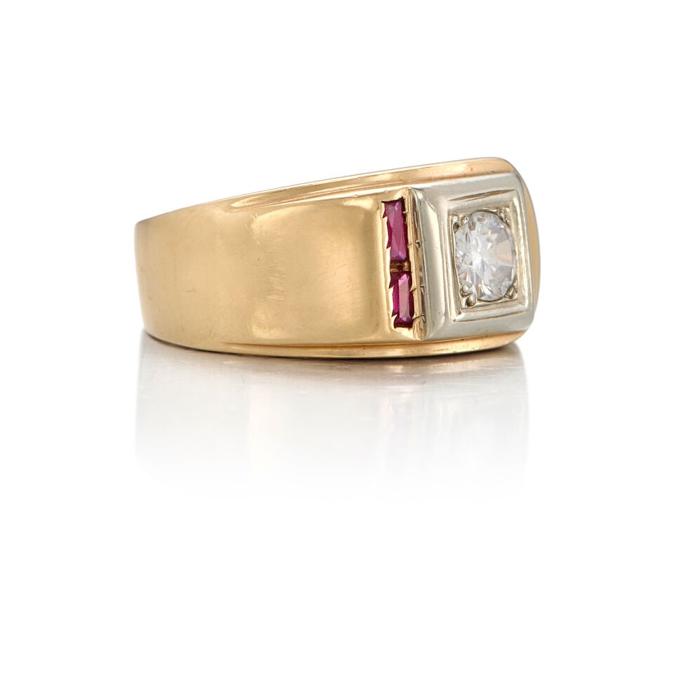 13K BICOLORED GOLD, DIAMOND AND SYNTHETIC RUBY RING - 2