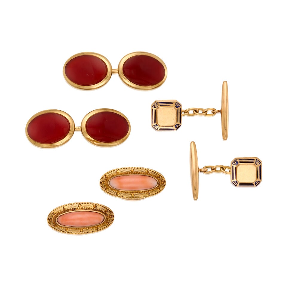 A GROUP OF GOLD, ENAMEL, CHALCEDONY AND CORAL CUFFLINKS: A GROUP OF GOLD, ENAMEL, CHALCEDONY AND CORAL CUFFLINKS • A pair of 18K gold and enamel cufflink with assay mark, measures 7/8 in. x 3/4 in. • A pair of 14K gold with four oval