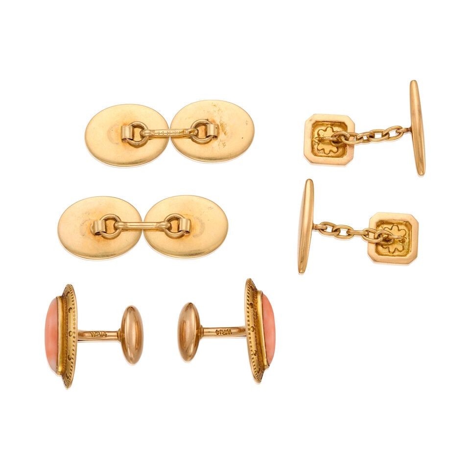 A GROUP OF GOLD, ENAMEL, CHALCEDONY AND CORAL CUFFLINKS - 2