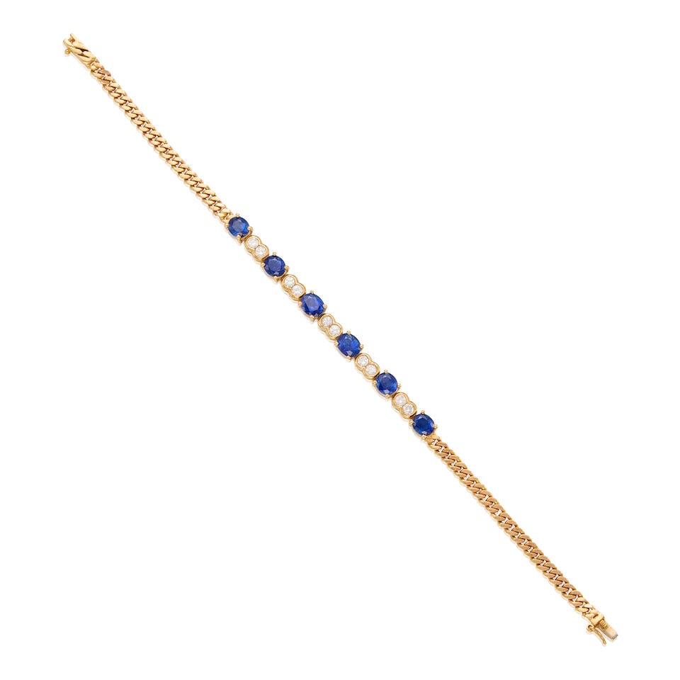 18K GOLD, SAPPHIRE AND DIAMOND BRACELET: 18K GOLD, SAPPHIRE AND DIAMOND BRACELET • Six oval-shaped sapphires weighing approximately 3.48 carats total • Ten round brilliant-cut diamonds weighing approximately 0.70 carat total