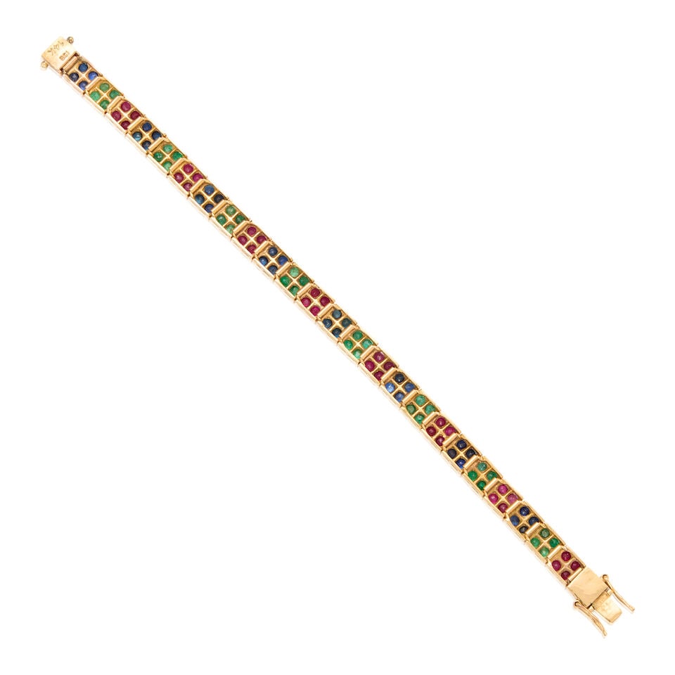 A 14K GOLD, RUBY, EMERALD, SAPPHIRE AND LATTICE DIFFUSION SAPPHIRE BRACELET - 2