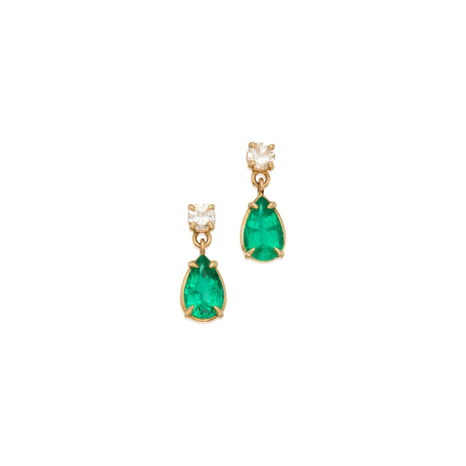 14K GOLD, EMERALD AND DIAMOND EARRINGS: 14K GOLD, EMERALD AND DIAMOND EARRINGS • Two pear-shaped emeralds weighing approximately 1.52 carats total • Two round brilliant-cut diamonds weighing approximately 0.40 carat total