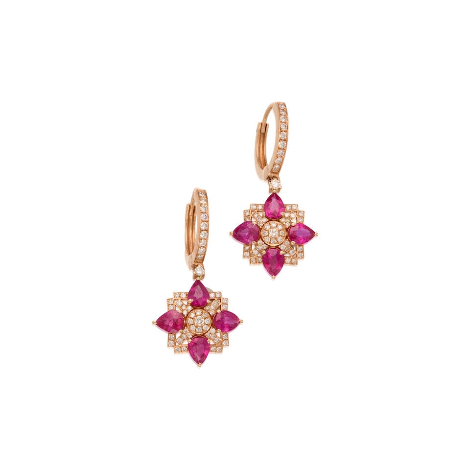 18K YELLOW GOLD, RUBY, AND DIAMOND EARRINGS WITH GIA REPORT: 18K YELLOW GOLD, RUBY, AND DIAMOND EARRINGS WITH GIA REPORT • Eight pear shaped rubies weighing approximately 2.40 carats total • Numerous round shaped diamonds weighing approximately