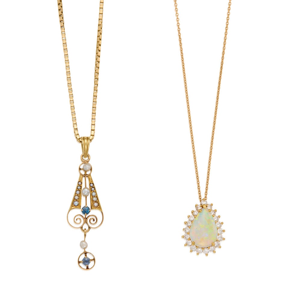 TWO GEM-SET PENDANT NECKLACES, INCLUDING TIFFANY & CO.: TWO GEM-SET PENDANT NECKLACES, INCLUDING TIFFANY & CO. • A 14K gold pendant necklace with two round-shaped sapphires weighing approximately 0.14 carat total and thirteen cultured seed pearls,