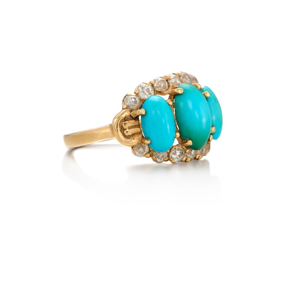 A VINTAGE 13K GOLD, TURQUOISE AND DIAMOND RING - 2