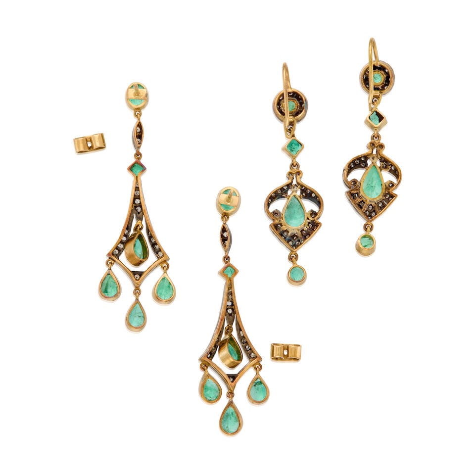 TWO PAIRS OF EMERALD AND DIAMOND DROP EARRINGS - 2
