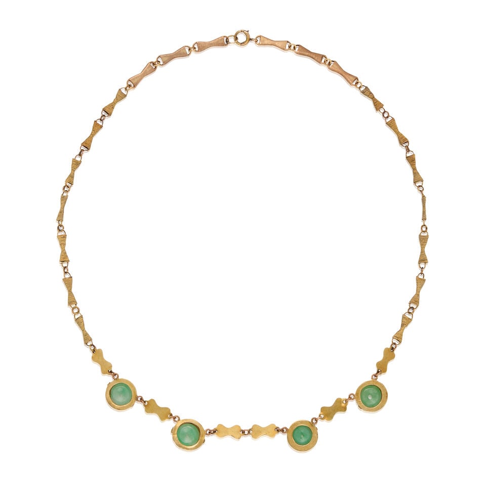14K GOLD, JADE, CULTURED PEARL AND ENAMEL NECKLACE - 2
