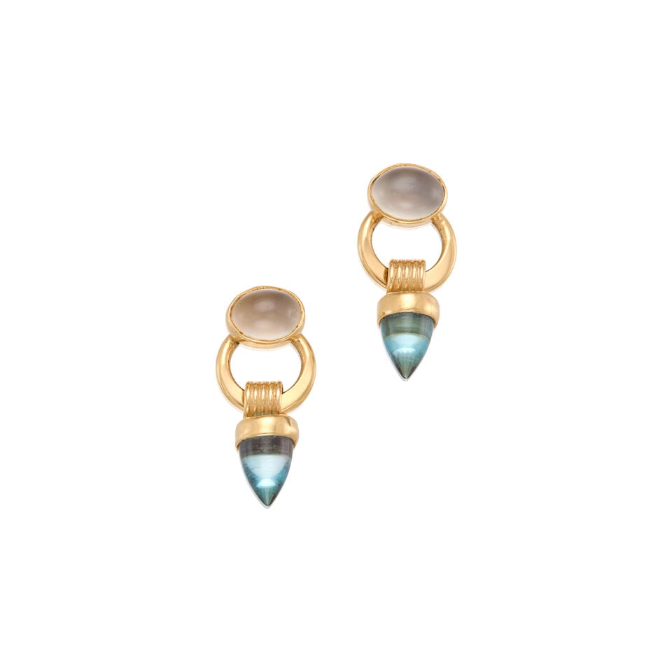 14K GOLD, TOPAZ, AND CAT'S EYE MOONSTONE EARRINGS: 14K GOLD, TOPAZ, AND CAT'S EYE MOONSTONE EARRINGS • Two irregular-shaped topaz measuring approximately 9.10mm x 5.65mm • Two oval cabochon-shaped cat's eye moonstones measuring