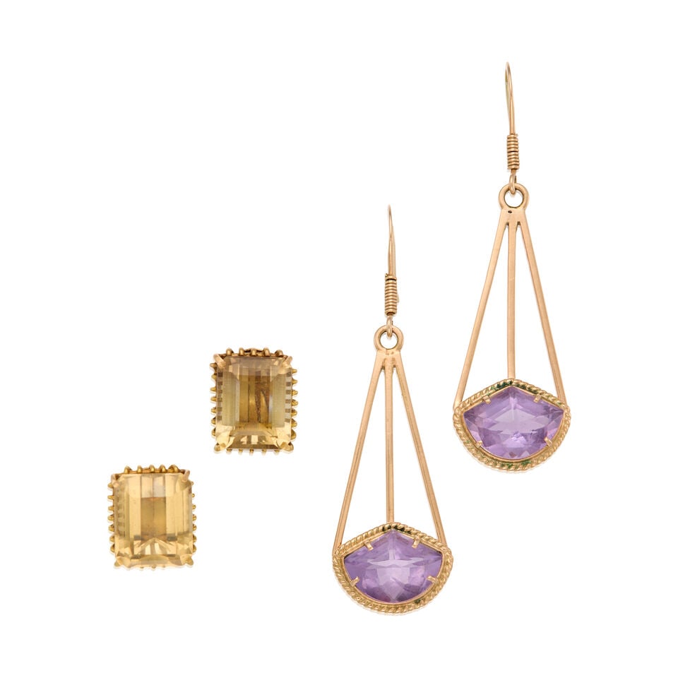 TWO PAIRS OF GOLD AND QUARTZ EARRINGS: TWO PAIRS OF GOLD AND QUARTZ EARRINGS • A pair of 18K gold clip earrings with two rectangular-shaped quartz weighing approximately 11.90 carats total, marker's mark present, measures 5/8 in. x