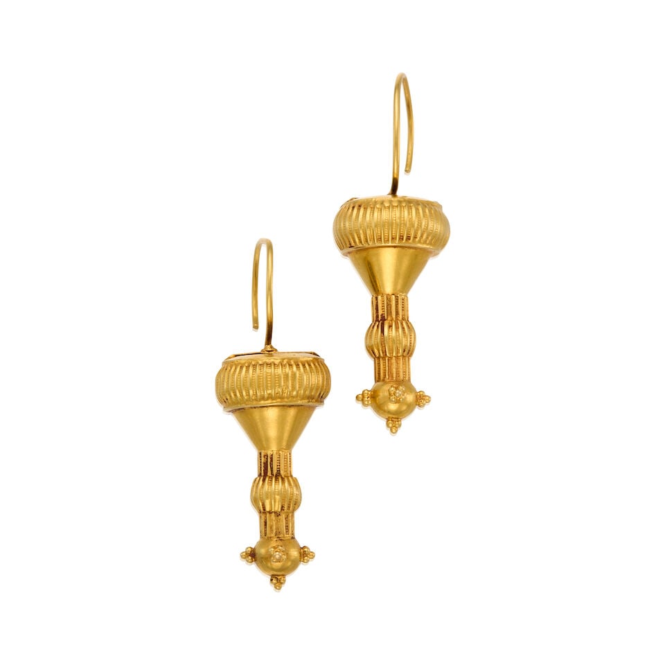 17K GOLD TRIBAL DROP EARRINGS: 17K GOLD TRIBAL DROP EARRINGS • Measures 2 in. x 5/8 in. • Estimated gross weight: 7.10 grams Footnotes: OVERALL CONDITION: good Metal purity unstamped and tested with XRF (x-ray