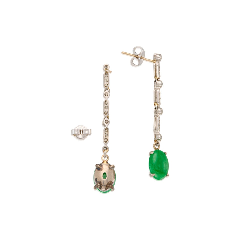 A GOLD, JADE AND DIAMOND EARRINGS - 2