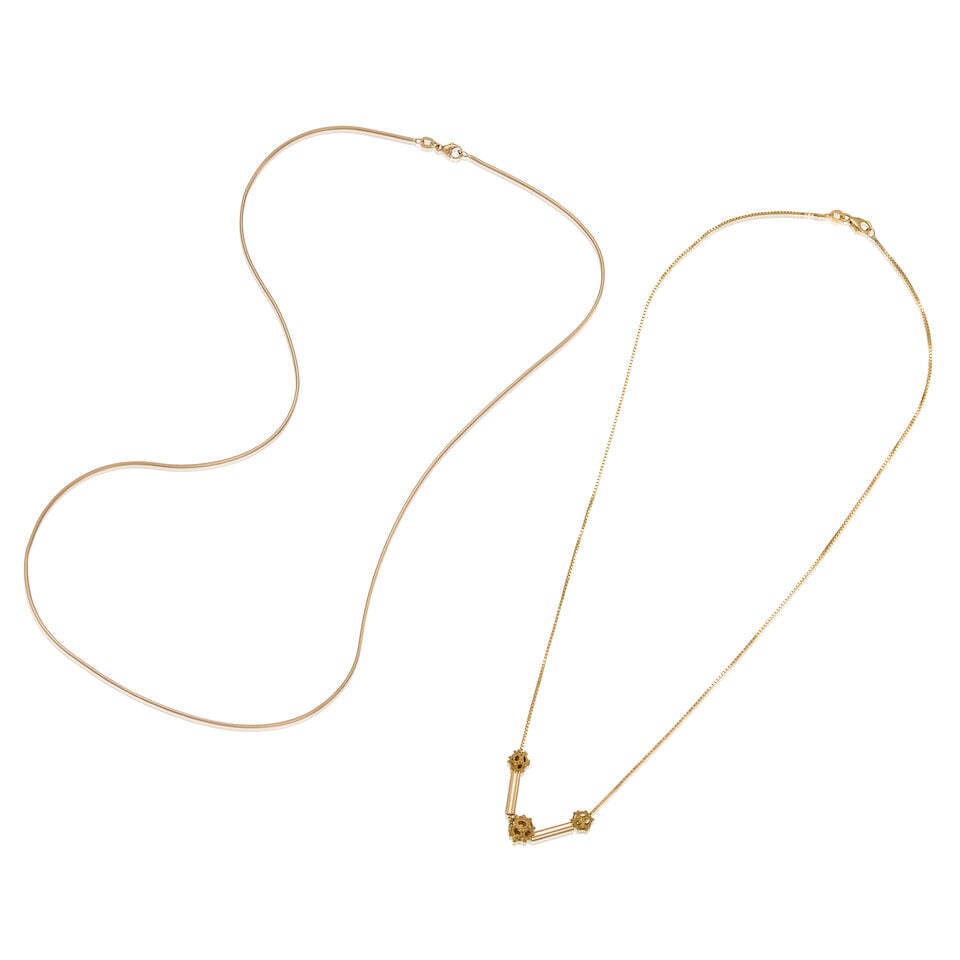 TWO GOLD NECKLACES: TWO GOLD NECKLACES • A 14K and 18K gold necklace with three carve spherical and two carved rectangular gold, stamped ITALY with maker's mark, length 20 in. • A 14K gold necklace, stamped