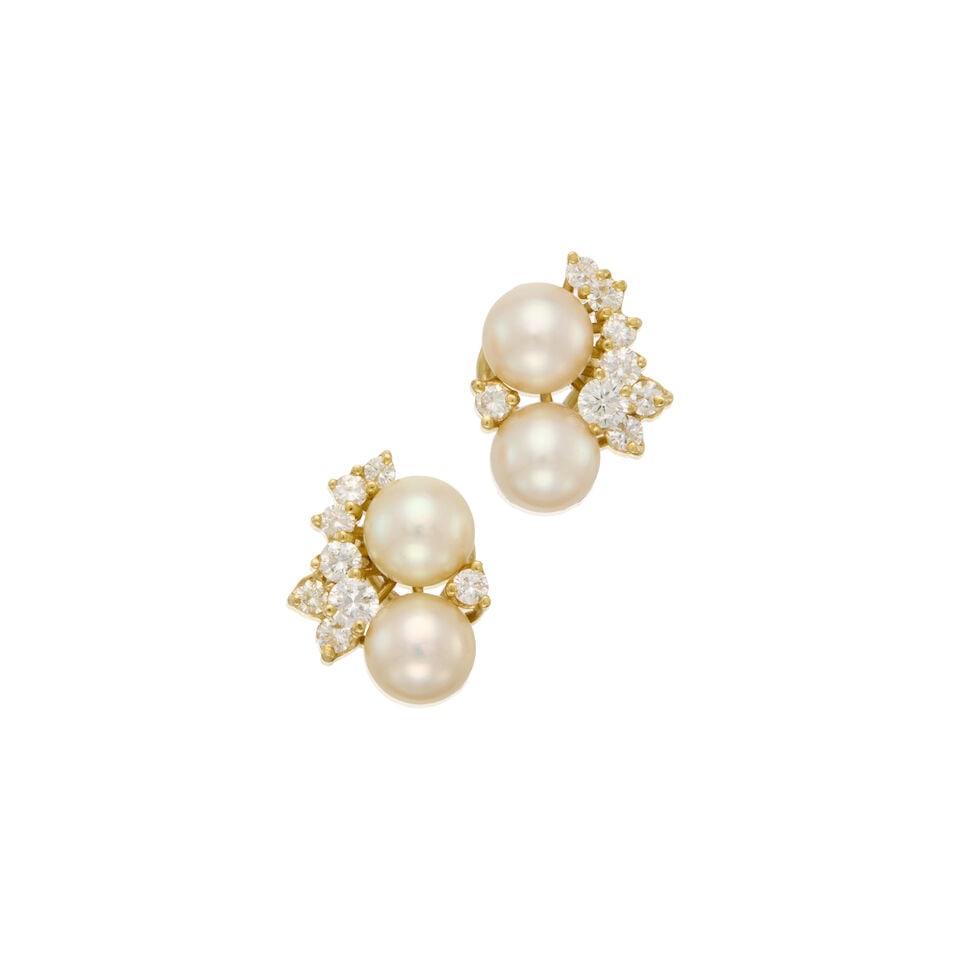 14K GOLD, CULTURED PEARL AND DIAMOND EARRINGS: 14K GOLD, CULTURED PEARL AND DIAMOND EARRINGS • Four round cultured pearls measuring approximately 7.48mm in diameter • Sixteen round brilliant-cut diamonds weighing approximately 1.34