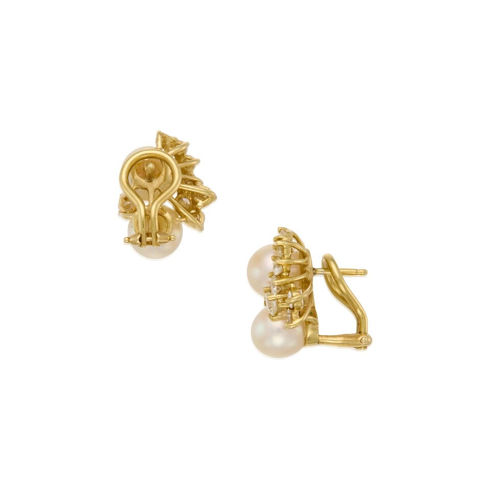 14K GOLD, CULTURED PEARL AND DIAMOND EARRINGS - 2