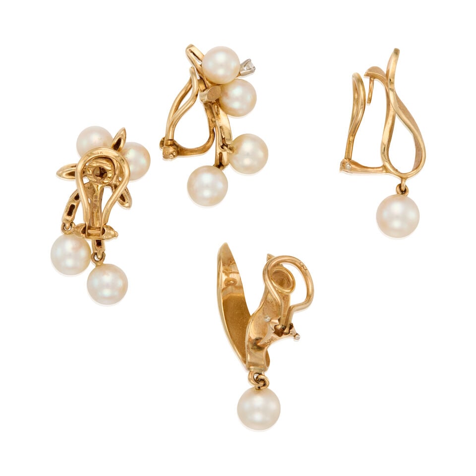 14K GOLD, CULTURED PEARL AND DIAMOND EARRINGS - 2