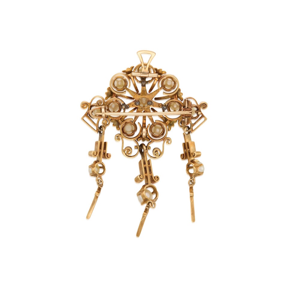 AN ANTIQUE 17K GOLD, CULTURED PEARL AND ENAMEL BROOCH - 2