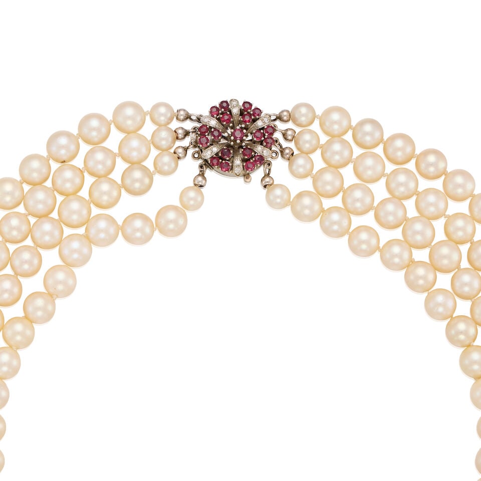 A GOLD, CULTURED PEARL, RUBY AND DIAMOND NECKLACE - 2
