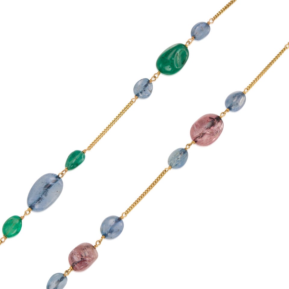 18K GOLD, EMERALD, SAPPHIRE AND SPINEL BEAD NECKLACE - 2