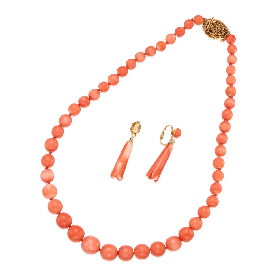 14K GOLD, CORAL NECKLACE AND EARRINGS - 2