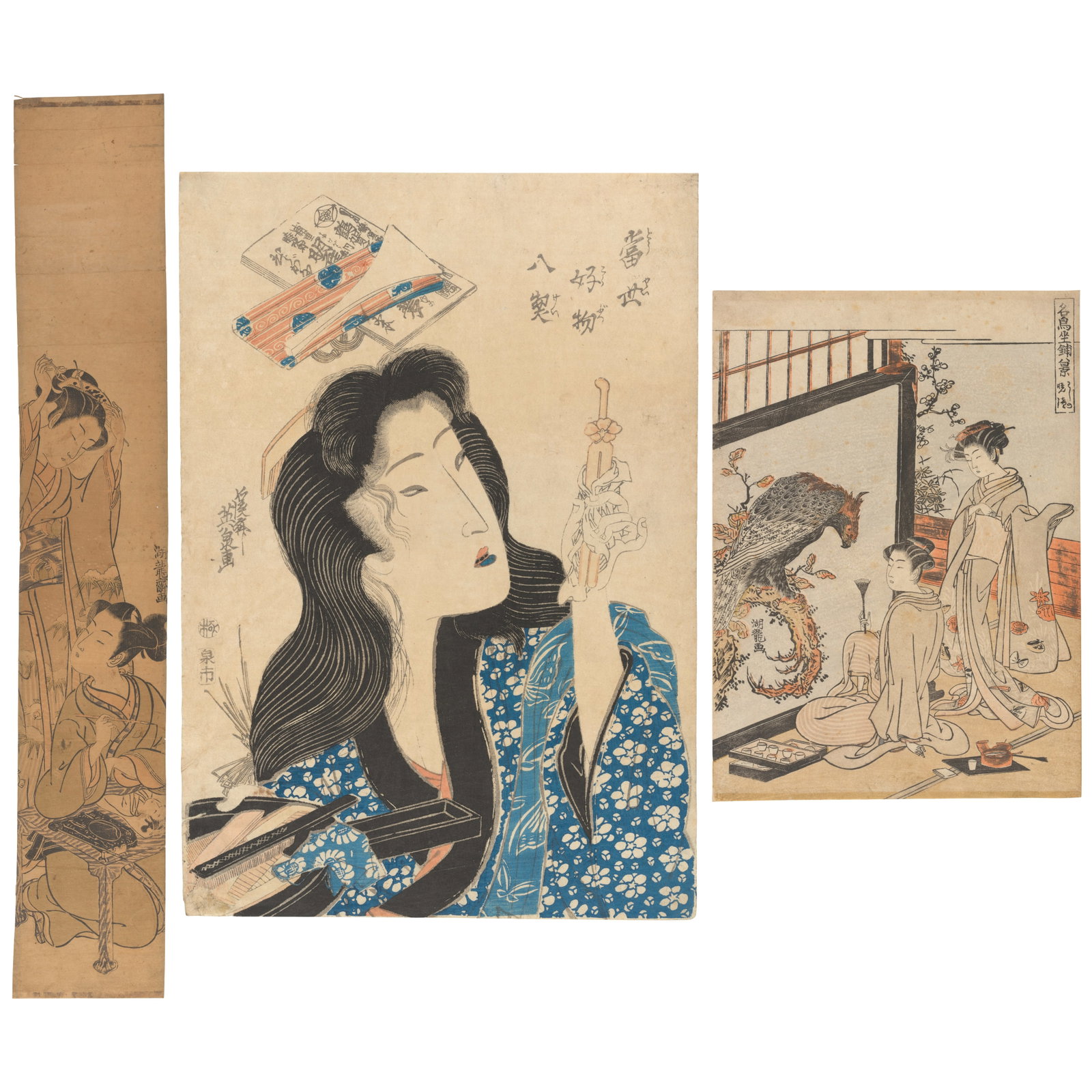 KEISAI EISEN (1790-1848) AND ISODA KORYŪSAI (1735-1790) Three Woodblock Prints Edo period (...: KEISAI EISEN (1790-1848) AND ISODA KORYŪSAI (1735-1790) Three Woodblock Prints Edo period (1615-1868), 19th century Comprising an ōban tate-e print depicting a beauty examining a hairpin, fr