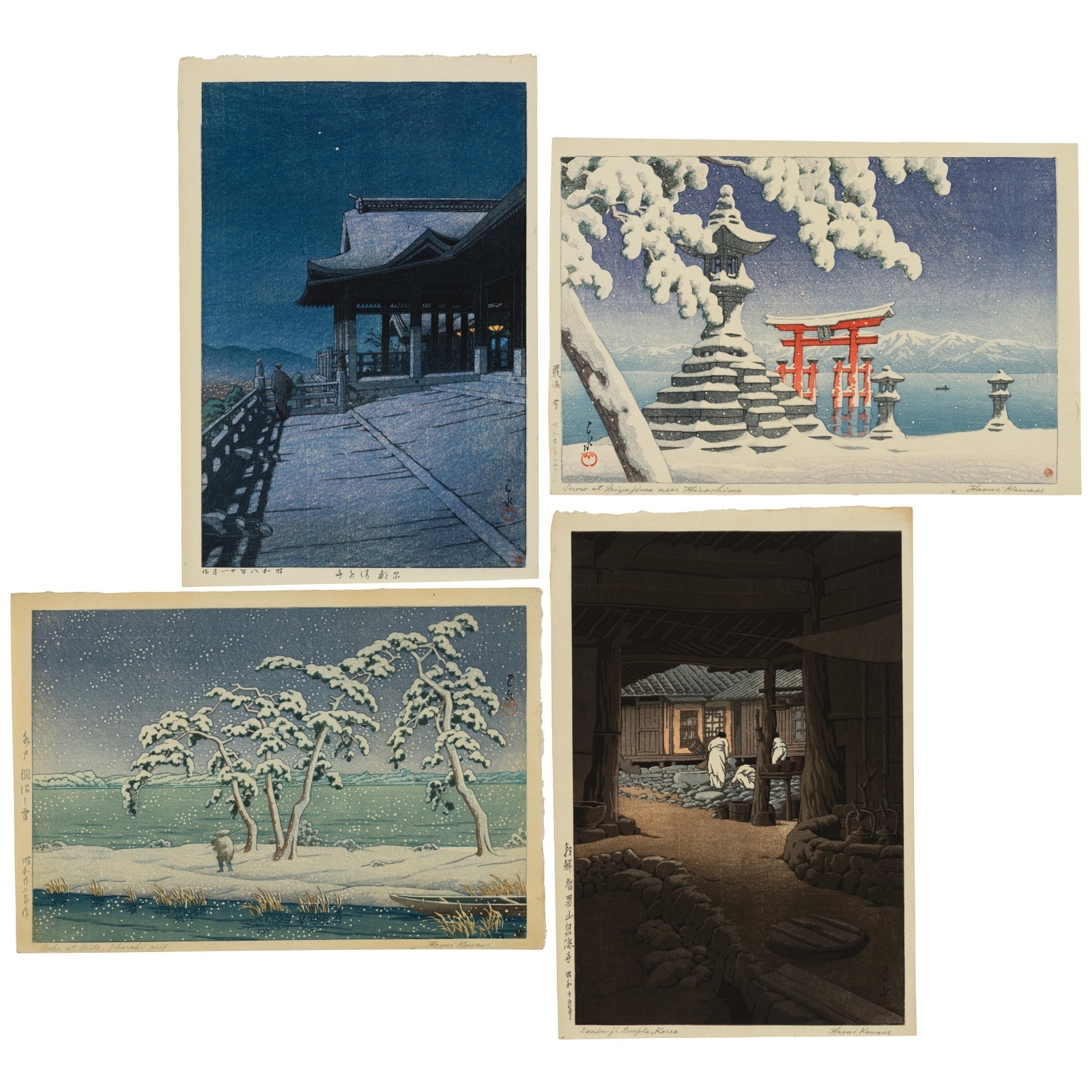 KAWASE HASUI (1883-1957) Four Woodblock Prints Showa era (1926-1989), 20th century (4): KAWASE HASUI (1883-1957) Four Woodblock Prints Showa era (1926-1989), 20th century Comprising two ōban tate-e prints including Kyōto Kiyomizu-dera (Kiyomizu Temple in Kyoto), from the series