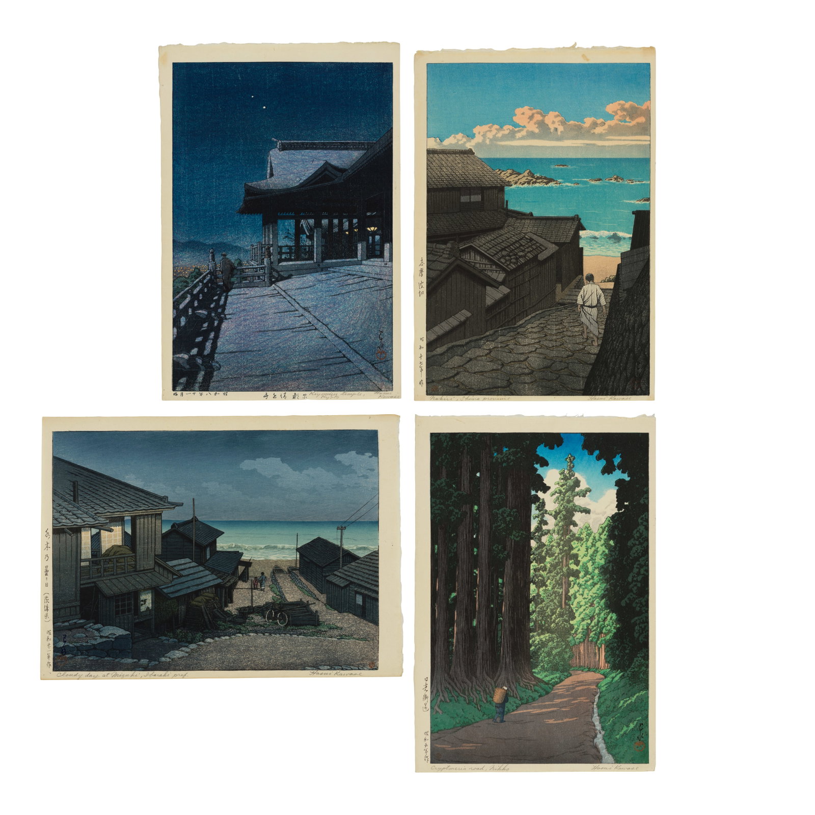 KAWASE HASUI (1883-1957) Four Woodblock Prints Showa era (1926-1989), 20th century (4): KAWASE HASUI (1883-1957) Four Woodblock Prints Showa era (1926-1989), 20th century Comprising three ōban tate-e, including Kyōto Kiyomizu-dera (Kiyomizu Temple in Kyoto), from the series Nih
