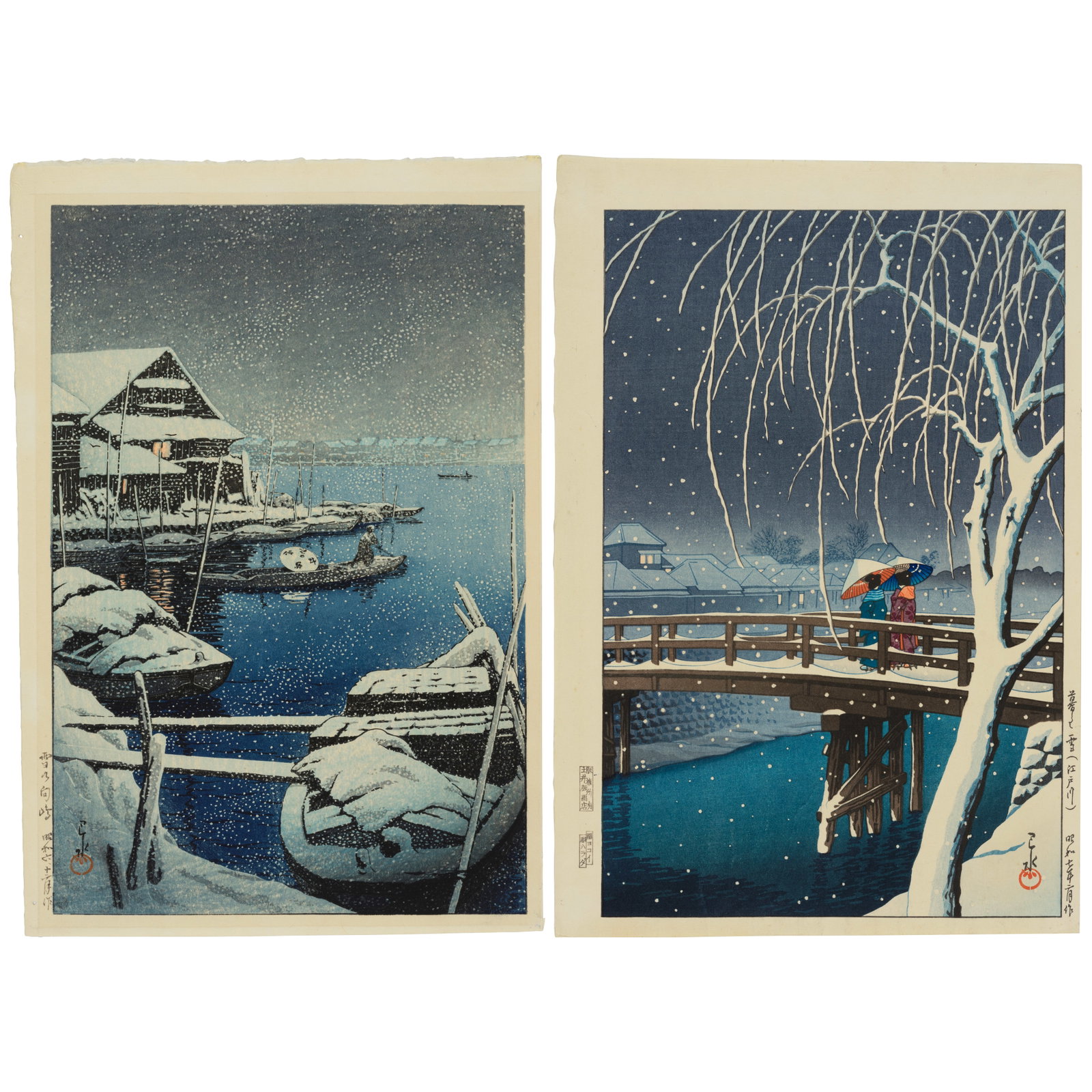KAWASE HASUI (1883-1957) Two Ōban Tate-e Prints Showa era (1926-1989), dated 1931 and 1932 (2): KAWASE HASUI (1883-1957) Two Ōban Tate-e Prints Showa era (1926-1989), dated 1931 and 1932 The first titled Yuki no Mukōjima (Snow at Mukōjima), signed Hasui and sealed Kawase, dated Sh