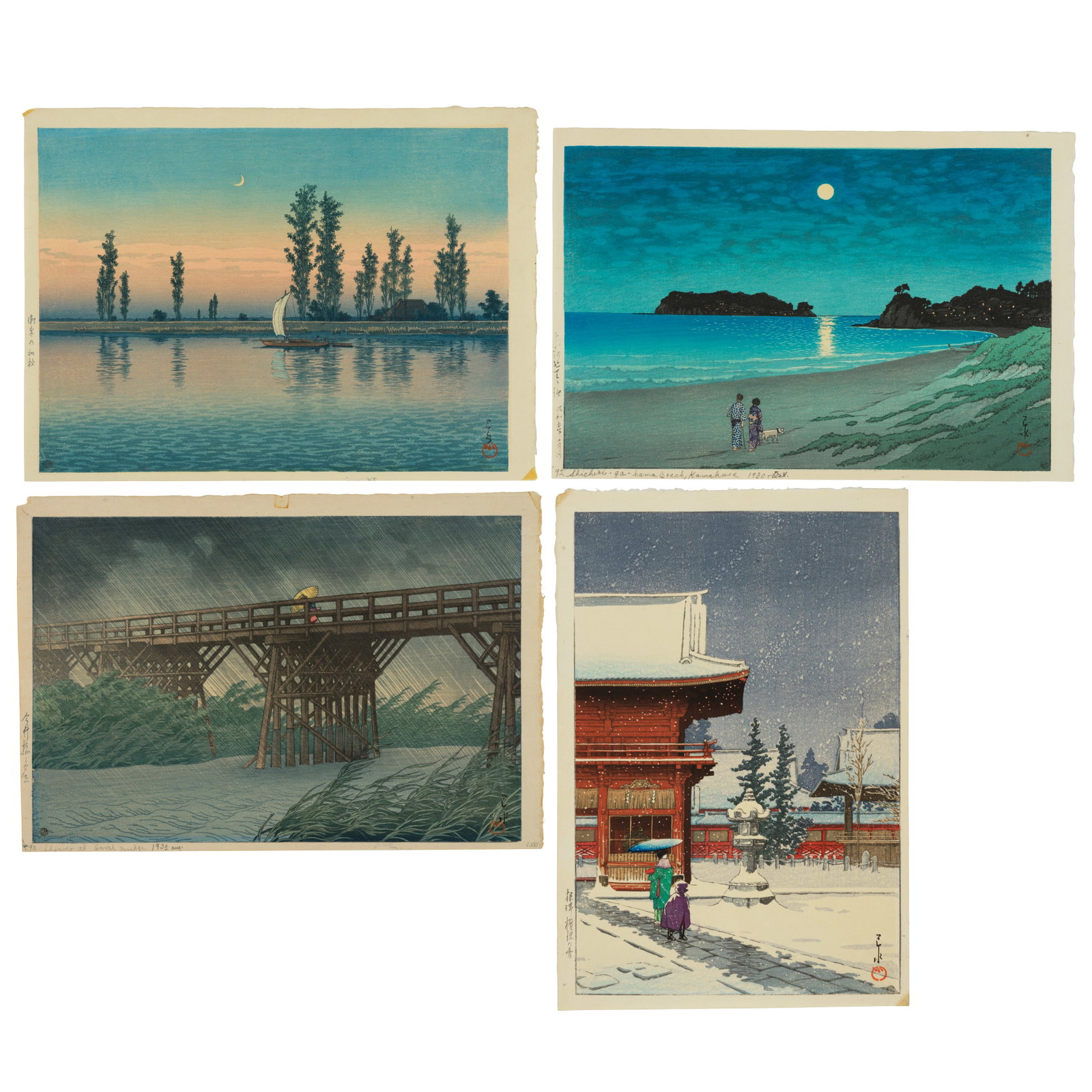KAWASE HASUI (1883-1957) Four Woodblock Prints Showa era (1926-1989), 20th century (4): KAWASE HASUI (1883-1957) Four Woodblock Prints Showa era (1926-1989), 20th century Comprising an ōban tate-e print titled Nezu Gongen no yuki (Snow at the Nezu Gongen Shrine in Tokyo), and three 