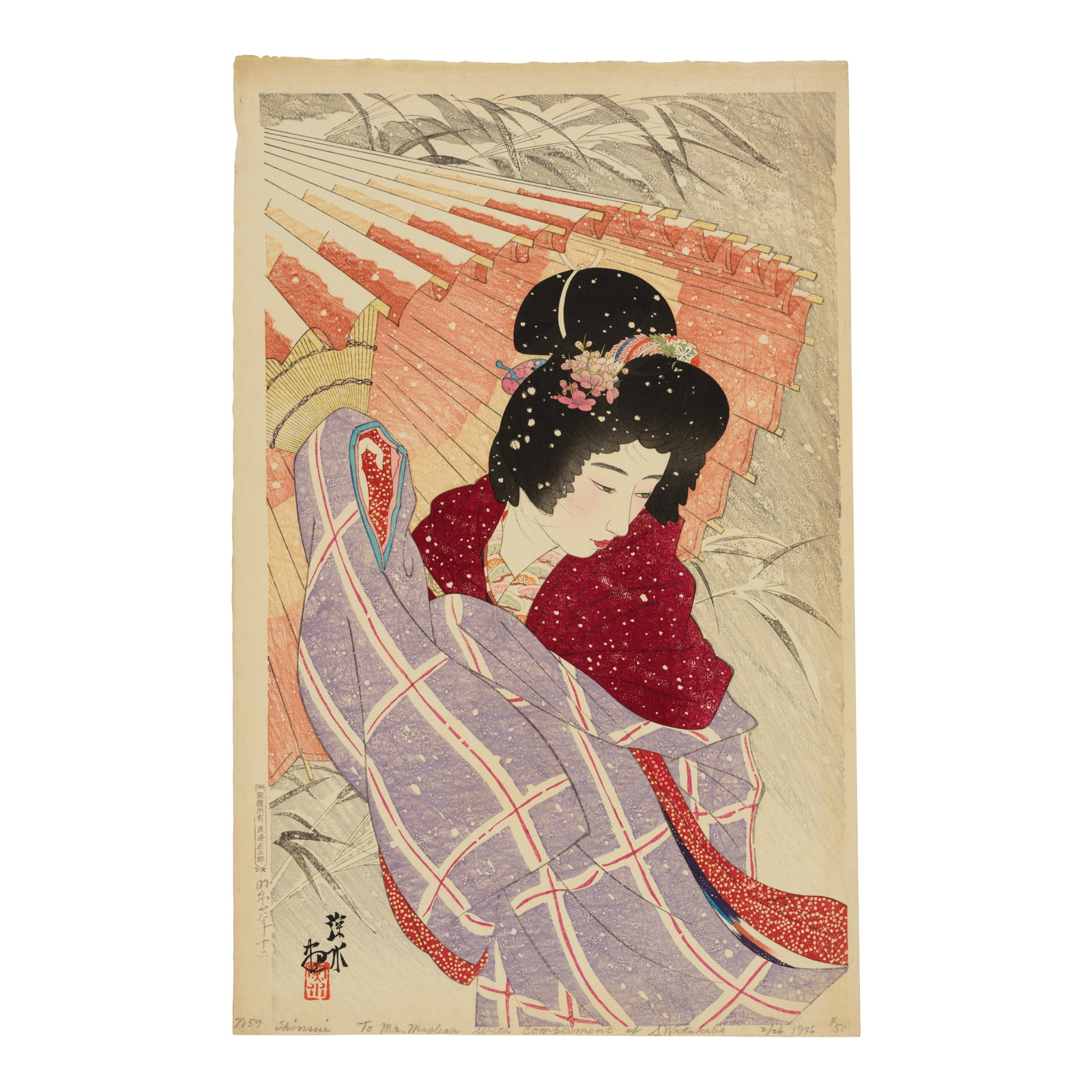 ITO SHINSUI (1898-1972) Showa era (1926-1989), dated December, 1932: ITO SHINSUI (1898-1972) Showa era (1926-1989), dated December, 1932 An oversized tate-e print depicting a woman in kimono under a snow-laden umbrella during a flurry, the design known as Fubuki (Snows