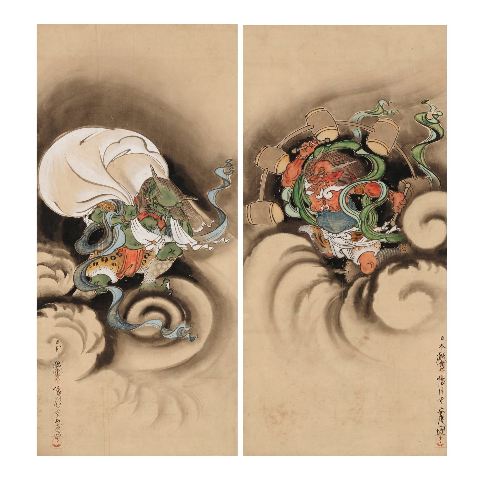 KAIGETSUDŌ ANDO (CIRCA 1671-1743) Raijin and Fūjin Edo period (1615-1868), 18th centur...: KAIGETSUDŌ ANDO (CIRCA 1671-1743) Raijin and Fūjin Edo period (1615-1868), 18th century A pair of hanging scrolls in ink and colors on paper depicting Raijin the Thunder God on the right scr