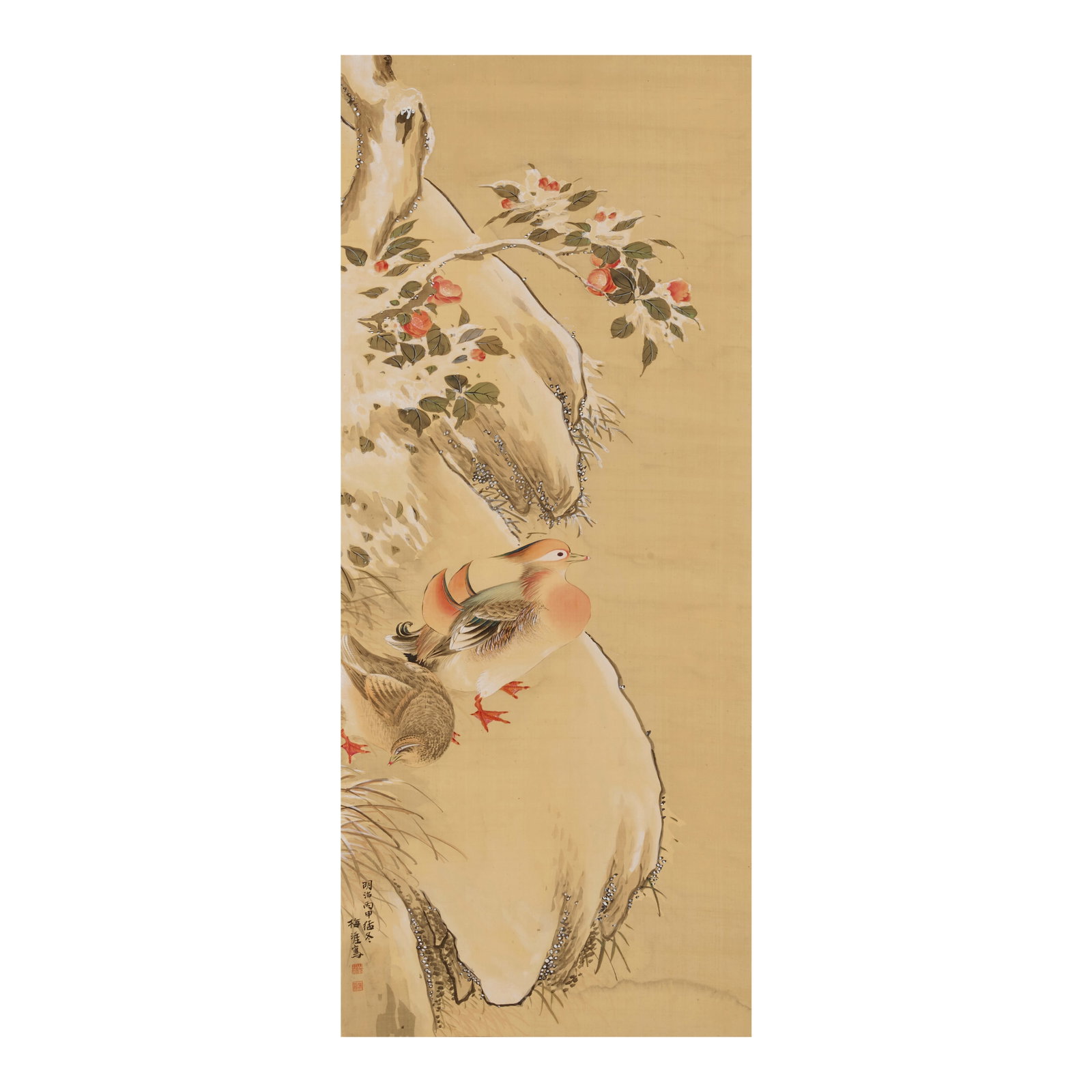 YAMAMOTO BAIGAI (1852-1928) Mandarin Ducks and Camellias Meiji era (1868-1912), dated 1896 (1 of 1)