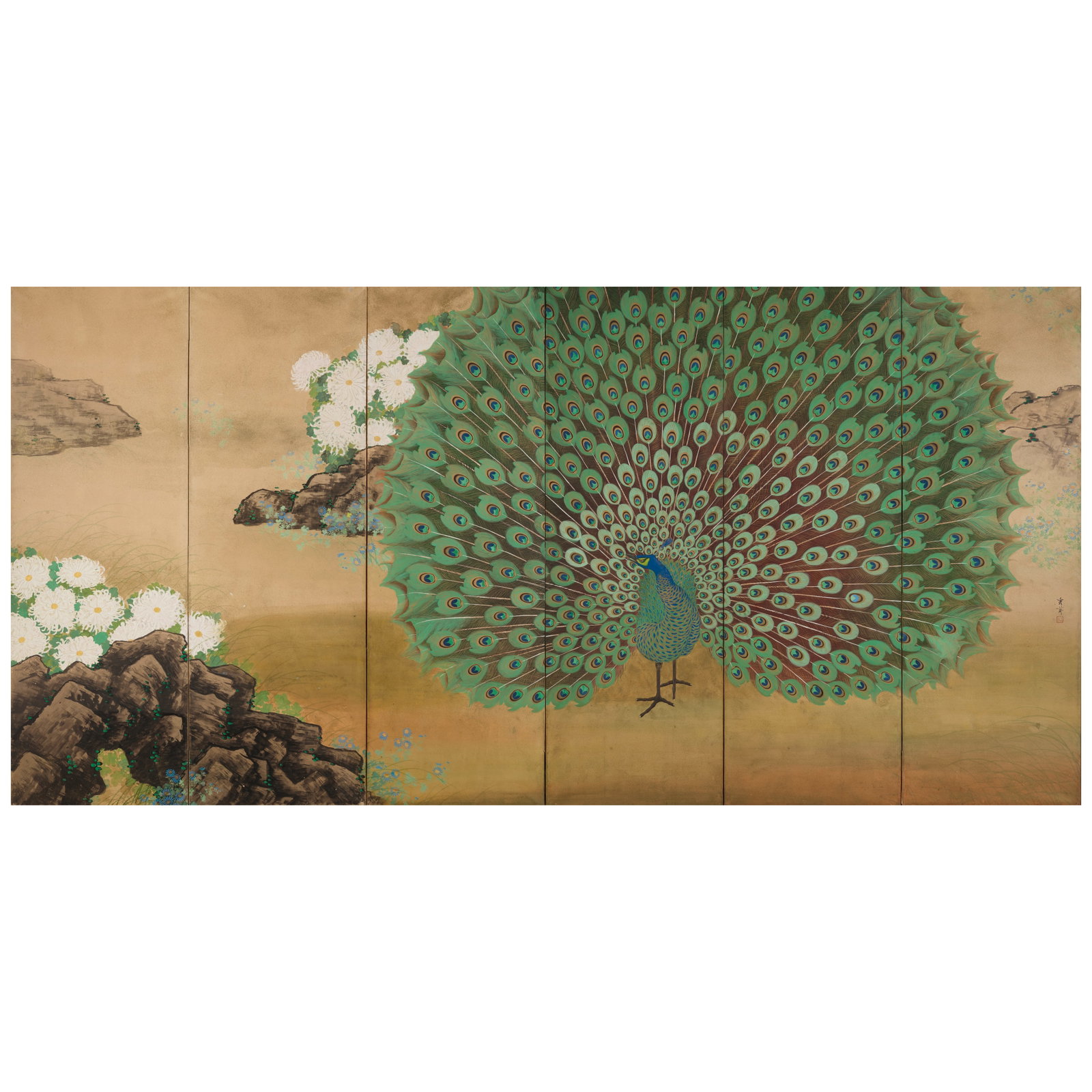 IKEGAMI SHŪHO (1874-1944) Peacock and Autumn Flowers Taisho (1912-1926) or Showa (1926-1944...: IKEGAMI SHŪHO (1874-1944) Peacock and Autumn Flowers Taisho (1912-1926) or Showa (1926-1944) era, first half of 20th century A six-panel folding screen in ink, gold, gofun (calcified crushed shel