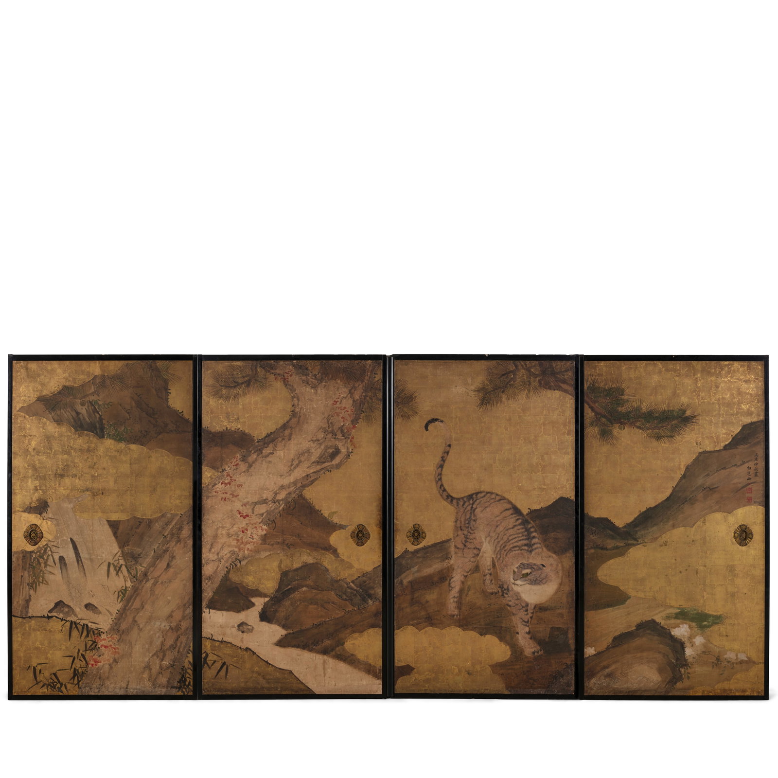 SHIRAKAWA SHIZAN (1759-1850) Tiger by a Stream Edo period (1615-1868), dated 1796: SHIRAKAWA SHIZAN (1759-1850) Tiger by a Stream Edo period (1615-1868), dated 1796 A set of four fusuma panels, each with metal hikite door pulls on both sides and framed with black-lacquered wood, a p