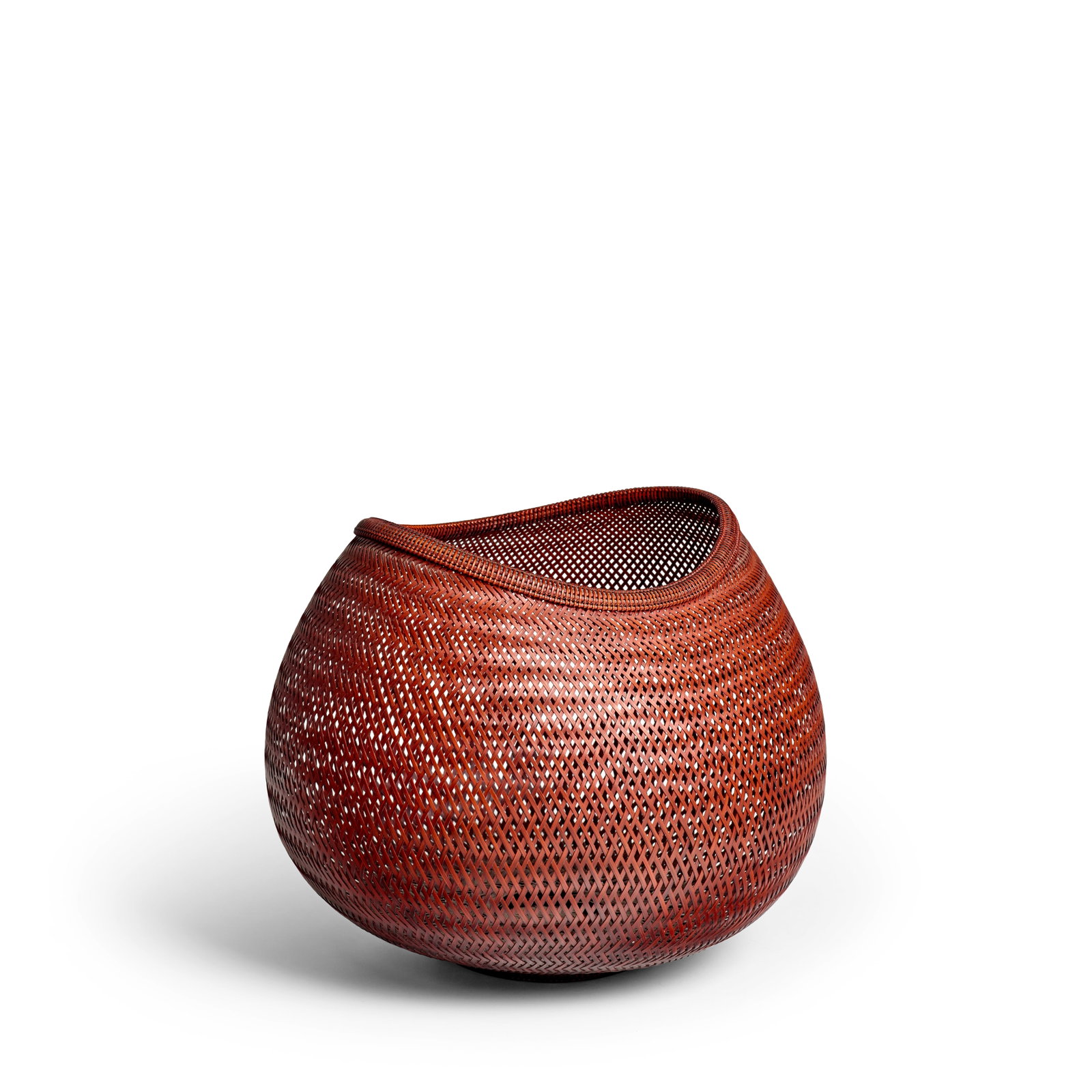 FUJINUMA NOBORU (BORN 1945) A Bamboo Flower Basket, 'Heart' Heisei era (1989-2019), 2004: FUJINUMA NOBORU (BORN 1945) A Bamboo Flower Basket, 'Heart' Heisei era (1989-2019), 2004 Madake bamboo, rattan, and lacquer; the base in ajiro-ami (twill plaiting) bounded by a rattan-wrapped foot rin