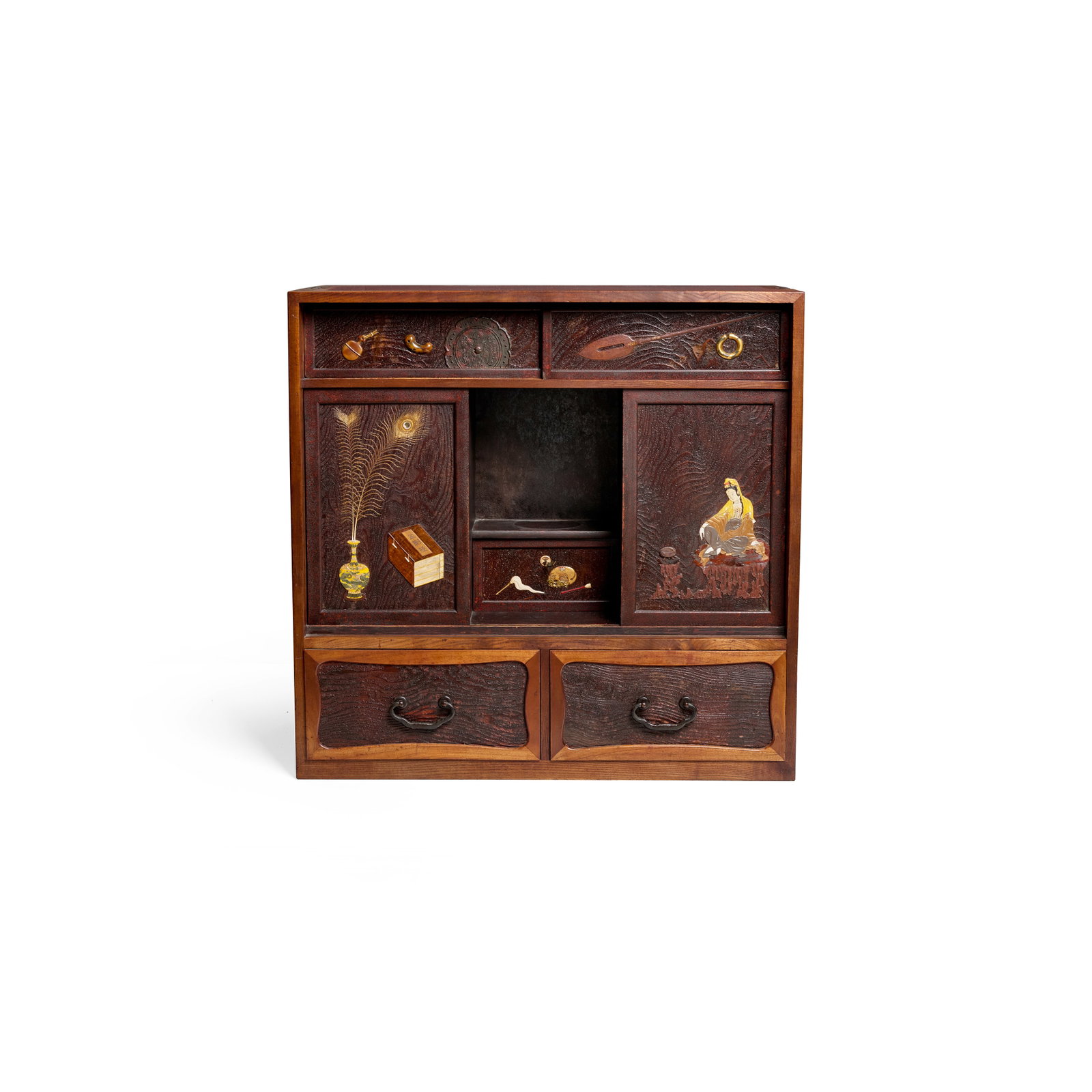 MANNER OF OGAWA HARITSU (RITSUŌ, 1663-1747) A Cabinet with Buddhist Emblems and Antiquities...: MANNER OF OGAWA HARITSU (RITSUŌ, 1663-1747) A Cabinet with Buddhist Emblems and Antiquities Edo period (1615-1868), 18th/19th century The grain of the cedarwood cabinet enhanced by scouring with 