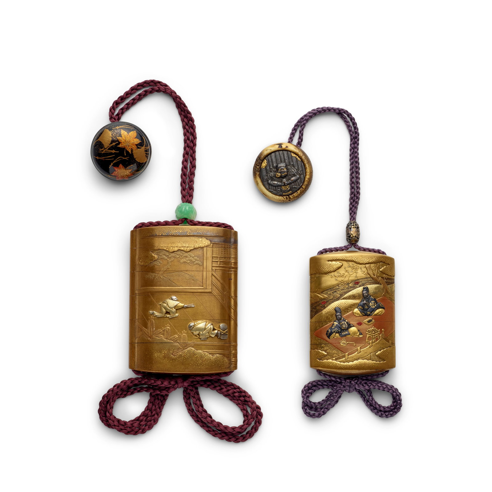 TWO GOLD-LACQUER METAL-INLAID INRŌ (MEDICINE CONTAINERS) Meiji (1868-1912), Taisho (1912-19...: TWO GOLD-LACQUER METAL-INLAID INRŌ (MEDICINE CONTAINERS) Meiji (1868-1912), Taisho (1912-1926), or Showa (1926-1989) era, 20th century The first of five cases depicting actors on a No-drama stage